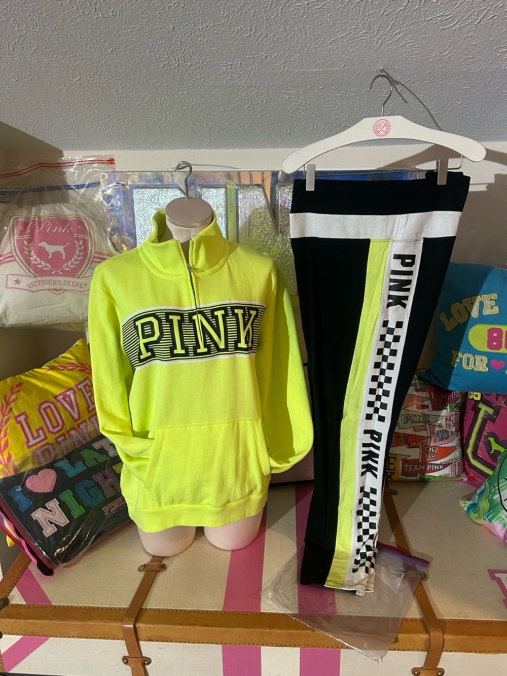 Pink Neon Yellow & Black PINK Sweatshirt and Track Pants Set - Picture 2 of 3
